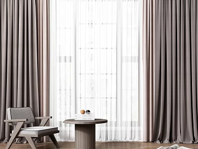 Modern Gray Curtains With White Sheer Layers Chair And Small Table On Wooden Floor 3d model