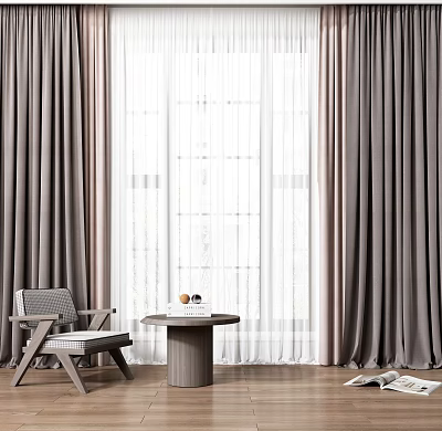 Modern Gray Curtains With White Sheer Layers Chair And Small Table On Wooden Floor 3d model