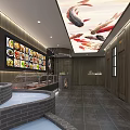 Chinese Restaurant Interior Featuring Multiple Dish Display Screens And Decorative Ceiling 3d model