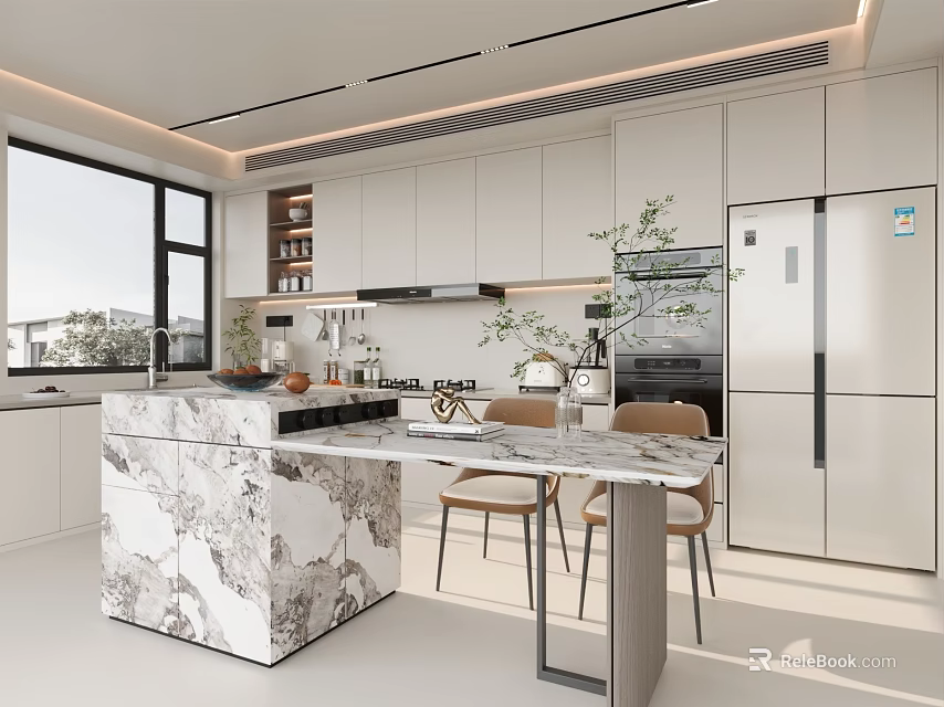 Modern Open Kitchen Interior With Marble Island White Cabinets And Natural Light 3d model