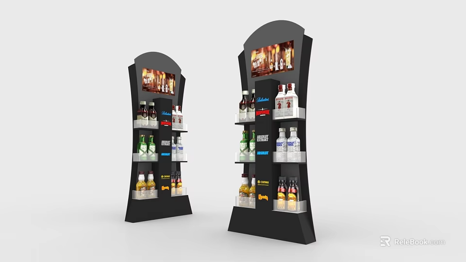 Black Retail Display Stands With Multiple Shelves Digital Screens And Bottled Beverages 3d model 