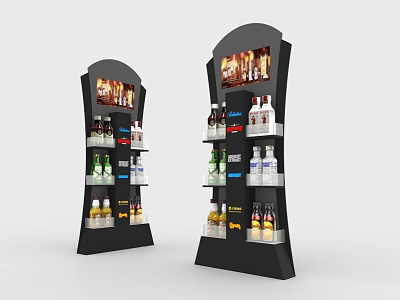 Black Retail Display Stands With Multiple Shelves Digital Screens And Bottled Beverages 3d model