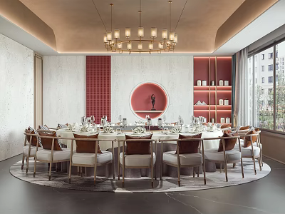 Elegant Private Dining Room With Round Table Chandelier Decorative Wall And Bookshelves 3d model