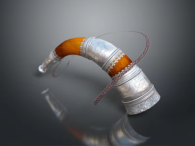Horn Shaped Silver Carved Sculpture With Orange Accent And Braided Details 3d model