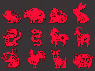 Red Paper Cut Style Chinese Zodiac Animal Paintings With Intricate Patterns 3d model