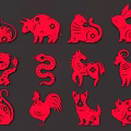 Red Paper Cut Style Chinese Zodiac Animal Paintings With Intricate Patterns
