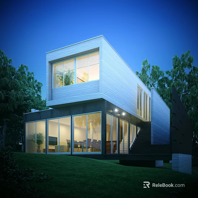 Modern Detached Villa Exterior With Illuminated Glass Windows Green Trees And Lawn 3d model 