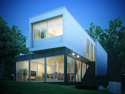 Modern Detached Villa Exterior With Illuminated Glass Windows Green Trees And Lawn 3d model