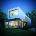 Modern Detached Villa Exterior With Illuminated Glass Windows Green Trees And Lawn