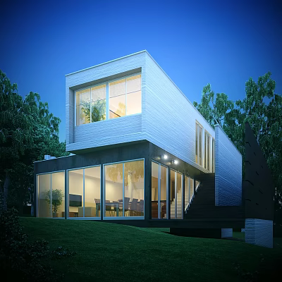 Modern Detached Villa Exterior With Illuminated Glass Windows Green Trees And Lawn 3d model