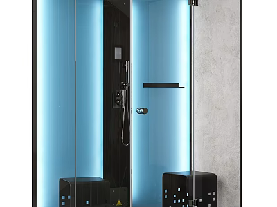 Modern Shower Sauna With Glass Enclosure Blue Lighting And Black Base Units Design 3d model
