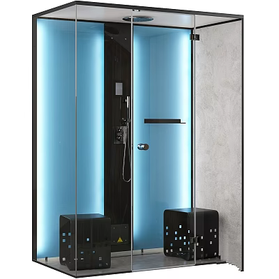 Modern Shower Sauna With Glass Enclosure Blue Lighting And Black Base Units Design 3d model