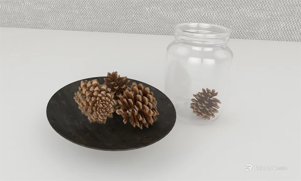 Stylish Pine Cones Arrangement On Black Plate With Clear Glass Jar 3d model 