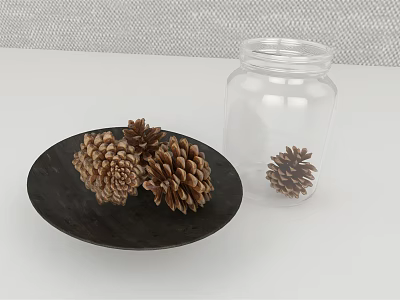 Stylish Pine Cones Arrangement On Black Plate With Clear Glass Jar 3d model