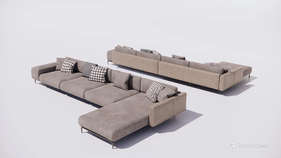 Light Gray Modern Sectional Sofa With Multiple Cushions And Metal Legs 3d model