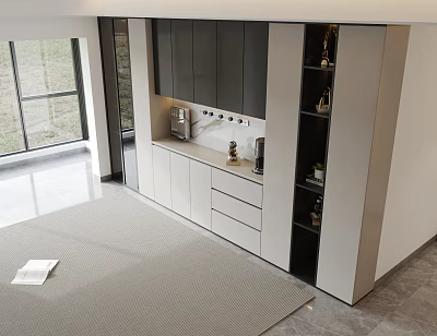 Modern Wine Cabinet Design With Open Shelves And Contemporary Living Interior 3d model