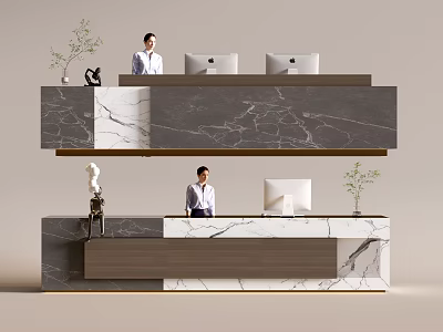 Modern Reception Desk Design With Marble Countertop Staff Computers Decorative Plants And Sculptures 3d model