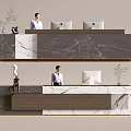 Modern Reception Desk Design With Marble Countertop Staff Computers Decorative Plants And Sculptures