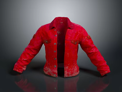Stylish Red Open Front Jacket With Button Details And Distressed Edges 3d model