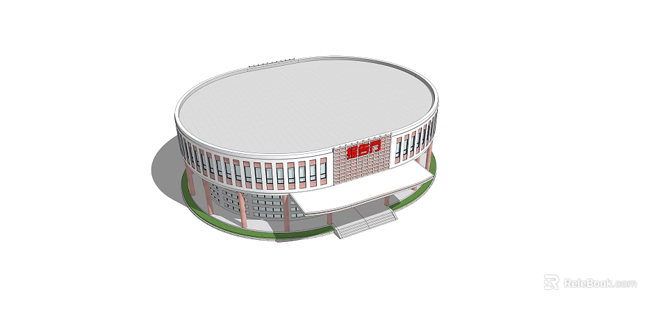 Round Architectural Building With White Roof Red Logo Windows And Steps 3d model