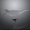 Small Red Character Standing Beside Transparent Dinosaur Figure On Reflective Surface