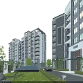 Modern High-Rise Residential Buildings with Balconies Green Landscaping and Road Vehicles