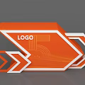 Modern Orange Exhibition Reception Desk Featuring Geometric Design White Borders And Arrow Elements