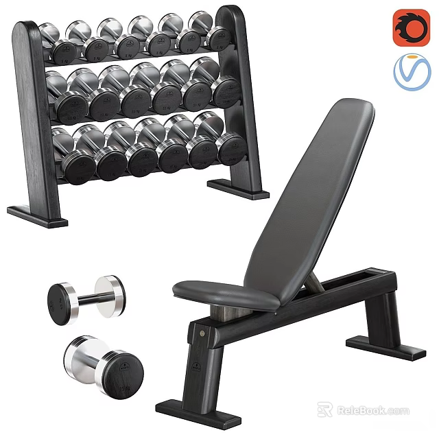 Home Gym Equipment Dumbbell Rack Weight Bench And Chrome Dumbbells For Sports Training 3d model 