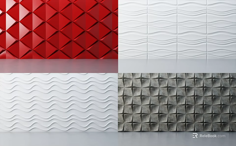 Textured Interior Wall Designs With Red Geometric White Wave And Gray Grid Patterns 3d model 