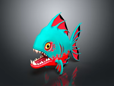 Cartoon Turquoise Fish With Red Fins Yellow Eyes And Sharp Teeth 3d model
