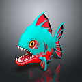 Cartoon Turquoise Fish With Red Fins Yellow Eyes And Sharp Teeth