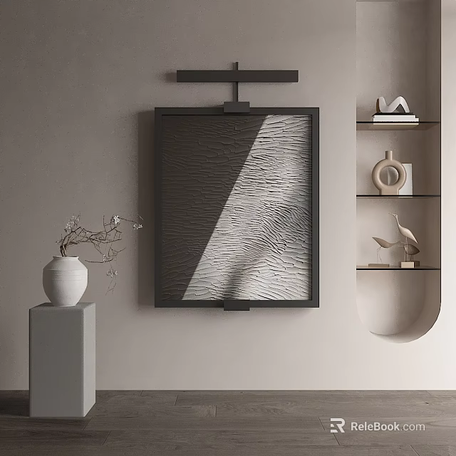 Abstract Painting Featuring Grey White Wavy Texture in Modern Interior with White Vase and Shelves 3d model 