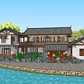 Traditional Chinese Style Residential Houses By Water With Green Plants And Stone Walls