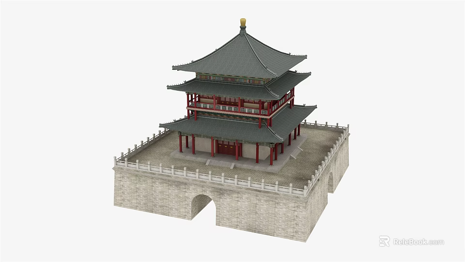 Ancient Architecture Featuring Multi Tiered Tower With Traditional Roof Red Pillars And Stone Walls Archway 3d model 