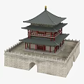 Ancient Architecture Featuring Multi Tiered Tower With Traditional Roof Red Pillars And Stone Walls Archway