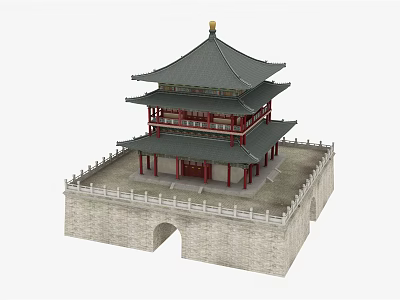 Ancient Architecture Featuring Multi Tiered Tower With Traditional Roof Red Pillars And Stone Walls Archway 3d model