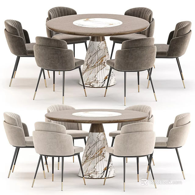 Modern Round Dining Table Set With Marble Tabletop And Upholstered Brass Leg Chairs 3d model 