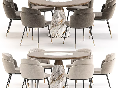 Modern Round Dining Table Set With Marble Tabletop And Upholstered Brass Leg Chairs 3d model