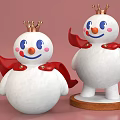Cute Snowman Sculpture With Golden Crown Red Cape Pink Cheeks And Wooden Base
