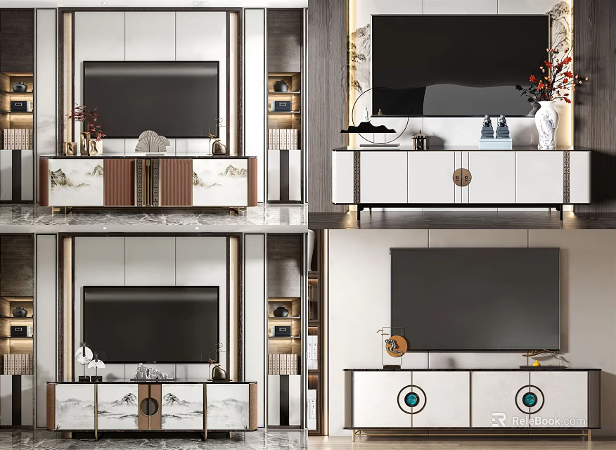 Modern TV Stand With Marble Top Drawers And Decorative Storage Elements 3d model