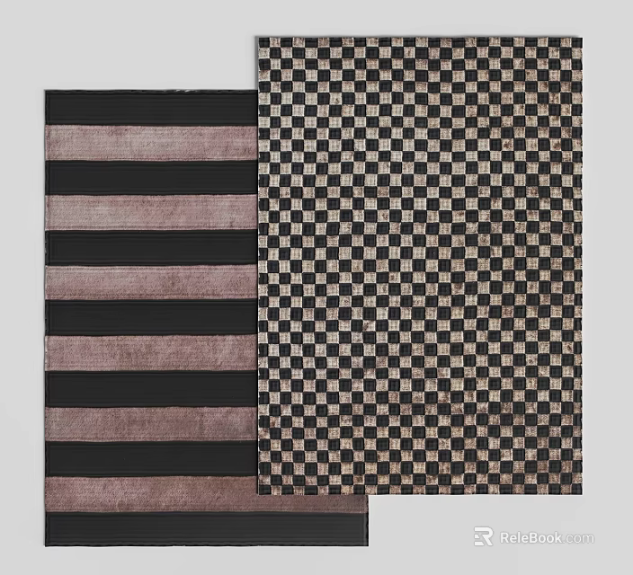 Modern Square Rugs Featuring Striped And Checkerboard Patterns In Neutral Color Tones 3d model 