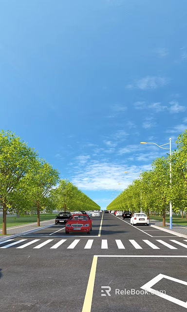 Municipal Road Scene With Green Trees Street Lamps And Moving Vehicles Under Blue Sky 3d model 