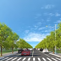 Municipal Road Scene With Green Trees Street Lamps And Moving Vehicles Under Blue Sky