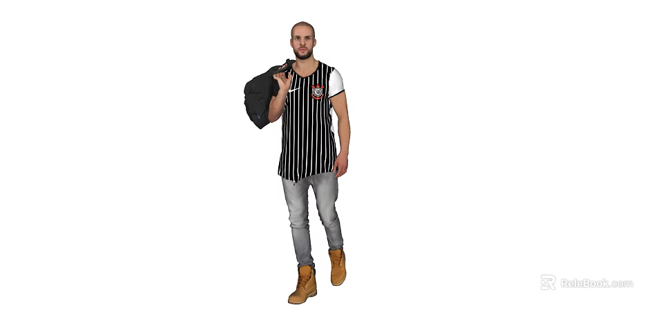 Man Wearing Striped Vest Carrying Black Bag With White T-Shirt Sleeves Jeans And Brown Boots 3d model 