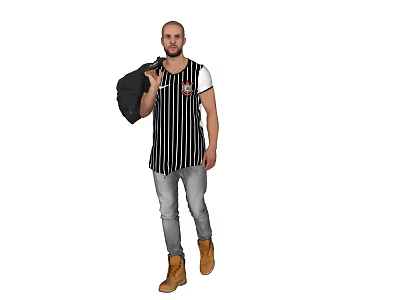 Man Wearing Striped Vest Carrying Black Bag With White T-Shirt Sleeves Jeans And Brown Boots 3d model