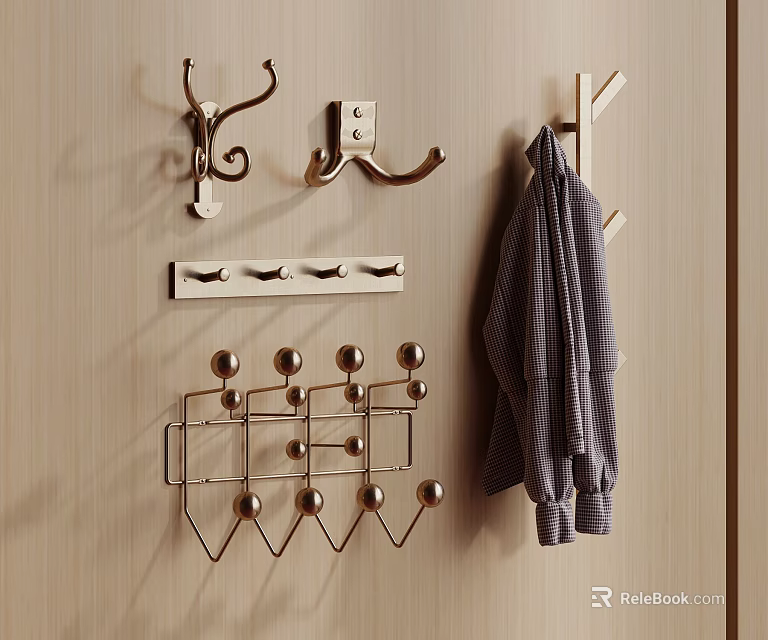 Wall Mounted Hooks With Various Designs And Hanging Striped Clothing 3d model 