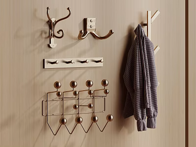 Wall Mounted Hooks With Various Designs And Hanging Striped Clothing 3d model
