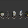 Five Medieval Warrior Helmets With Different Designs Shiny Metal Finish Displayed In Row 3d model