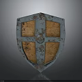 Classic Medieval Shield Weapon Featuring Rusty Metal Frame and Wooden Panels