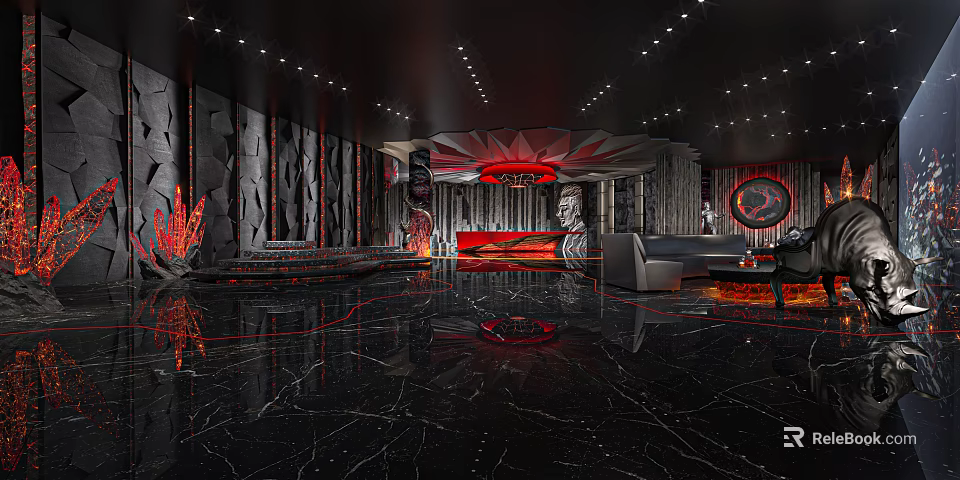 Luxurious Modern Clubhouse Interior Design With Marble Floor Red Accents Sofas And Lighting 3d model 